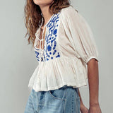 Blue & White Tassel Ruffled Blouse