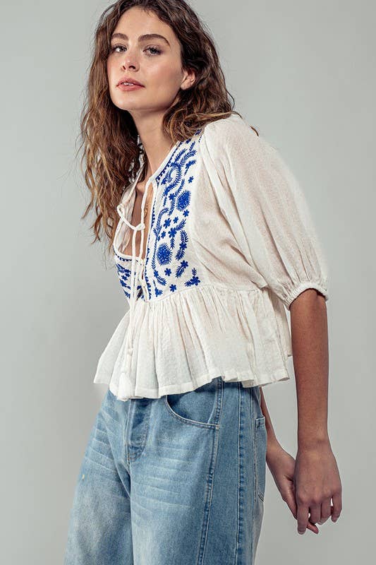 Blue & White Tassel Ruffled Blouse