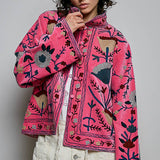 Embroidered Stand Collar & Contrast Trim Velvet Jacket