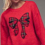 Plaid Bow Patch  Knit Sweater