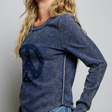 Vintage Washing Solid Peace Stud Outseam Thermal Knit Top