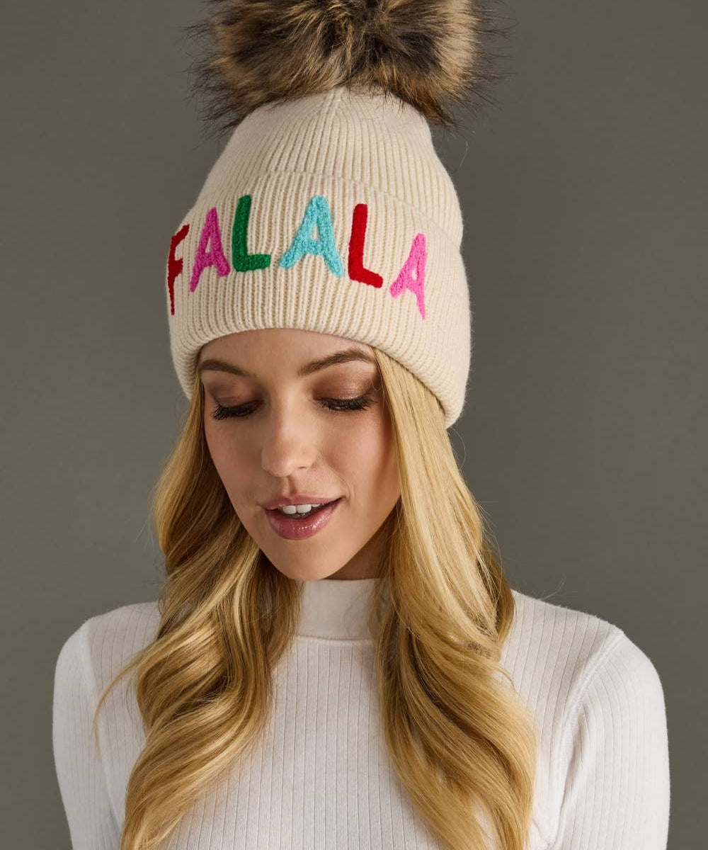Beige "Fa-La-La" Knit Pom Hat