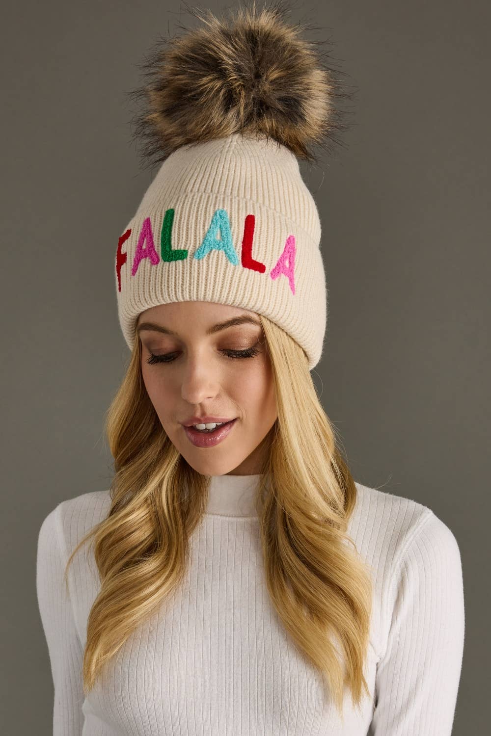 Beige "Fa-La-La" Knit Pom Hat