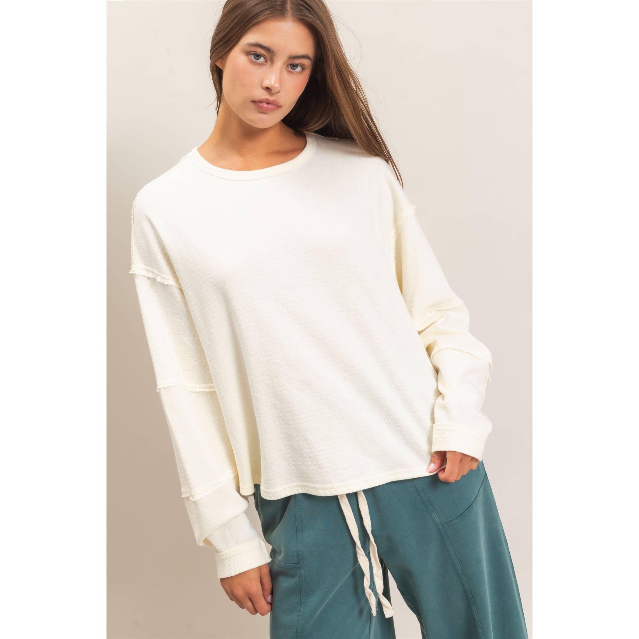 Mineral Wash Overzised Raw Edge Crew Neck Top