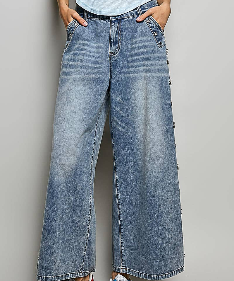 Low Rise Eyelet Studded Wide Leg Street Pants