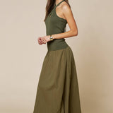 Crisscross Halter Contrast Knit & Woven Maxi Dress