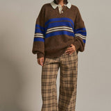 Striped Rugby Polo Sweater With Contrast Collar