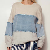 Colorblock Denim Patchwork Knit Sweater