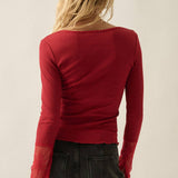 Solid Ribbed Knit Long-Sleeve Lace-Cuff Fitted Top