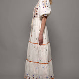 Embroidered Balloon Sleeve Midi Dress