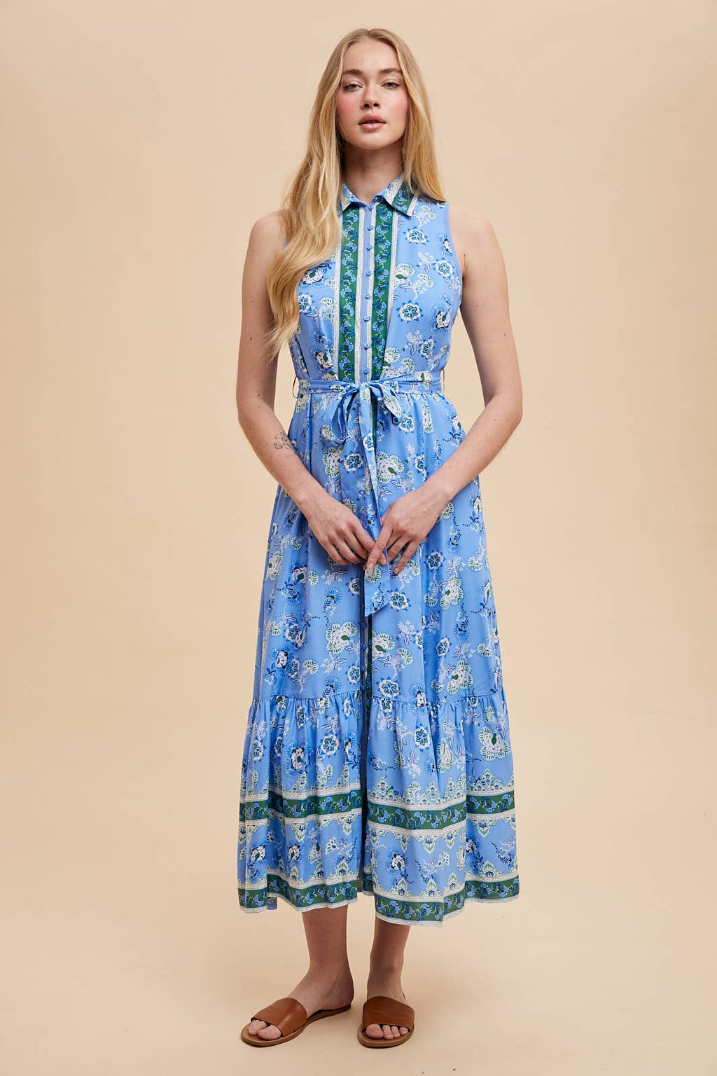 Printed Lapel Button Down Maxi Dress