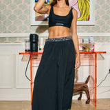 Letter Elastic Waist Wide Leg Nylon Pants