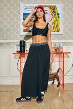 Letter Elastic Waist Wide Leg Nylon Pants