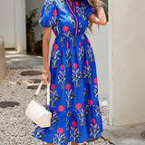 Floral Puff Sleeve V Neck Maxi Dress