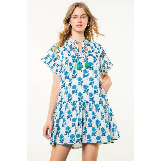 Short Sleeve Tassel Tie Floral Dress
