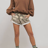 Spring Elastic Waist Cuffed Print Shorts