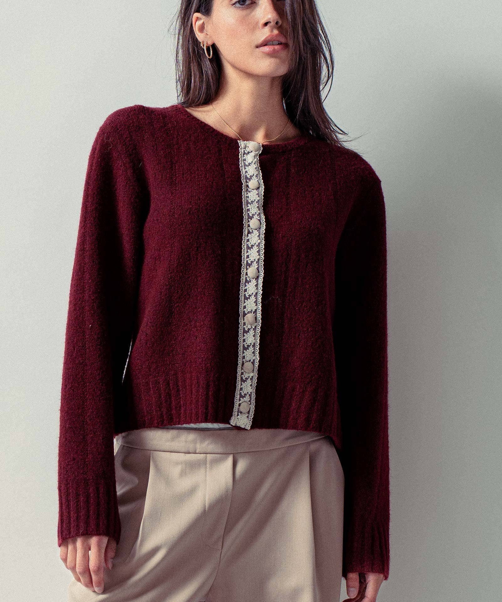 Lace Trim Wool Blend Cardigan