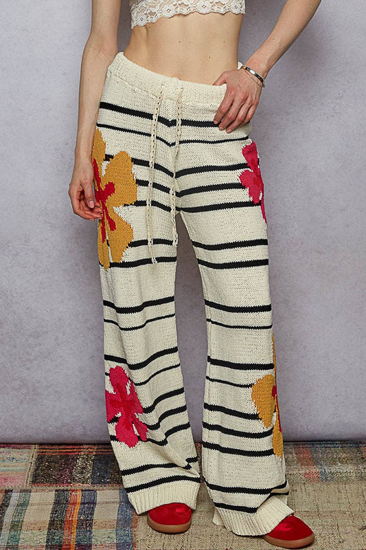 Striped Pattern Floral Detail Lounge Pants