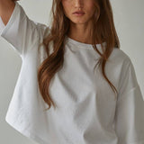L8688 | Knit Cotton Crew Neck Drop Shoulder Short Sleeve Top