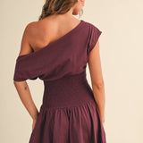 ID9559  OFF SHOULDER SMOCKED WAIST MINI DRESS