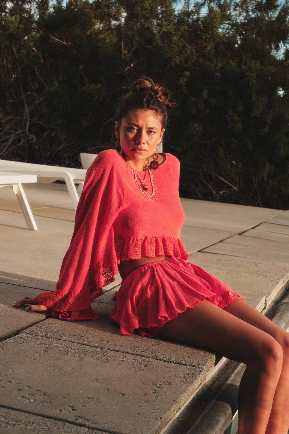 Cotton Gauze and Crochet Lace Ruffle Bell-Sleeve Cropped Top