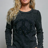 Vintage Washing Solid Peace Stud Outseam Thermal Knit Top