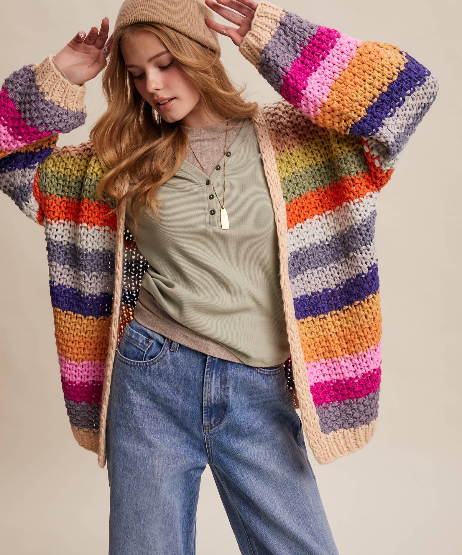 Rainbow Hand-Crochet Open Cardigan