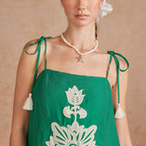 Floral Embroidered Sleeveless Tassel Tie Strap Midi Dress