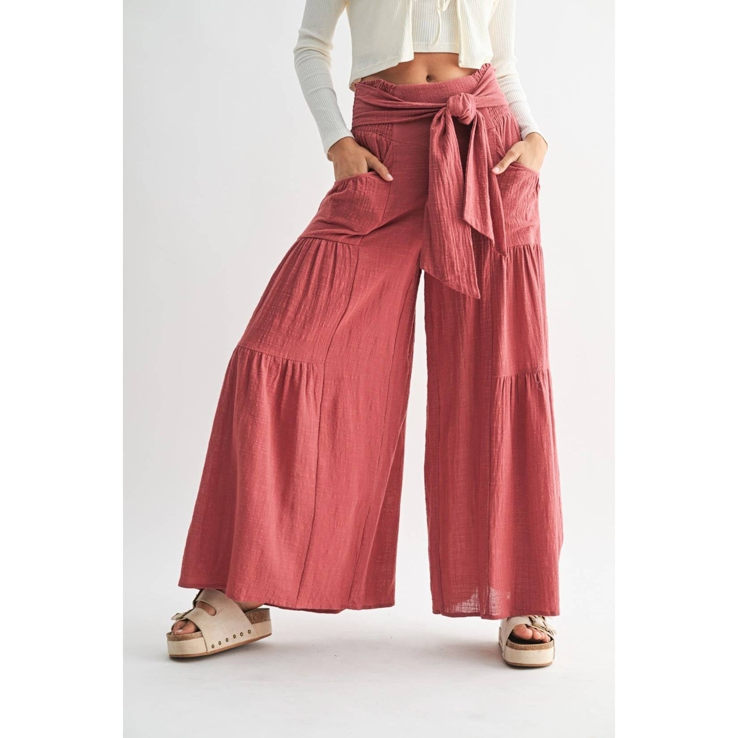 English Red Tiered Wide Leg Pants