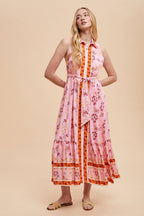 Printed Lapel Button Down Maxi Dress