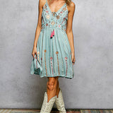 Boho Smocking Mirror Embroidery V-Neck Sleeveless Dress