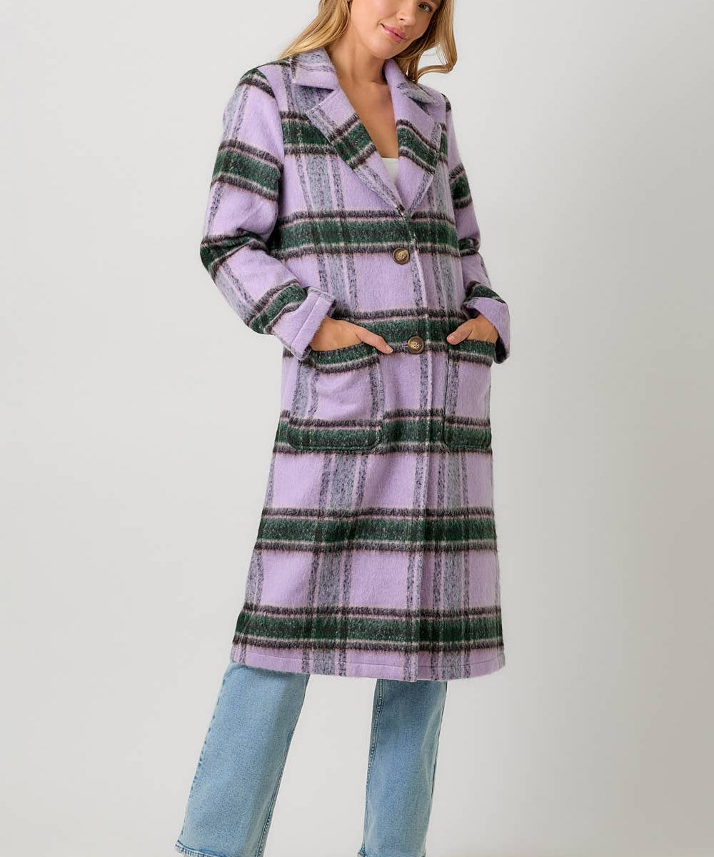 60871 Fuzzy Plaid Long Coat