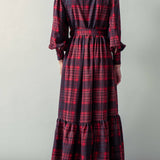 Plaid Belted Layered Button Down Balloon Sleeve Maxi Dress