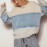 Colorblock Denim Patchwork Knit Sweater