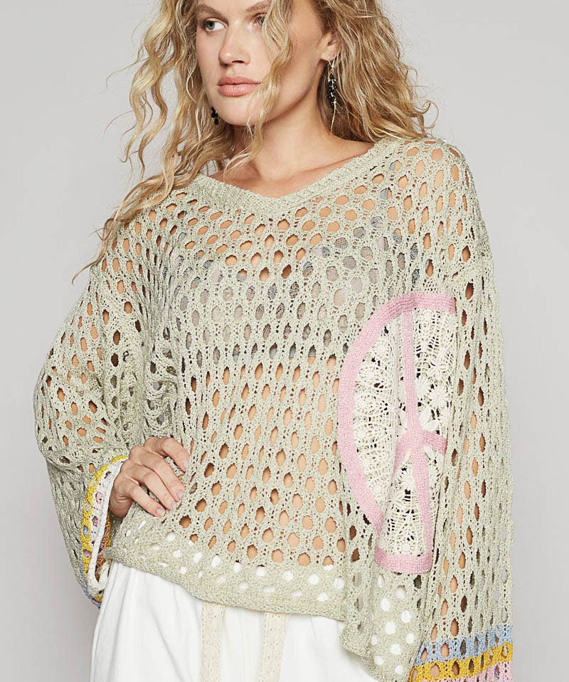 V-Neck Crochet Peace Sweater