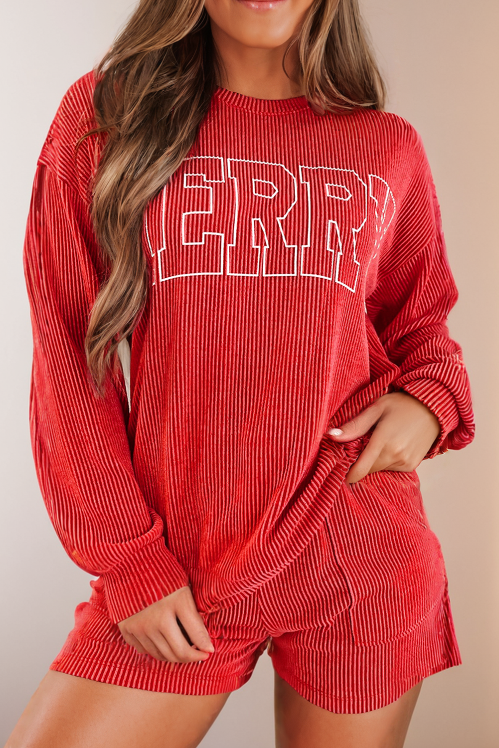 "MERRY" Graphic Long Sleeve Top and Shorts Set