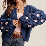 Hand Knit Floral Bobble Sleeve Cardigan LSW1097