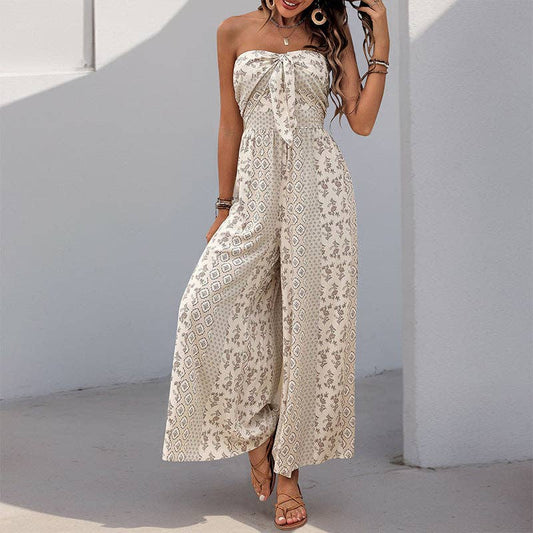 Smocked Tube Top Flare Leg Jumpsuit