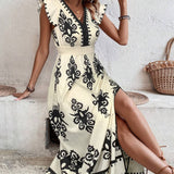 Floral Motif Ruffled Sleeve Slit Dress