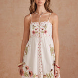 Embroidered Palm & Floral Scalloped Babydoll Mini Dress