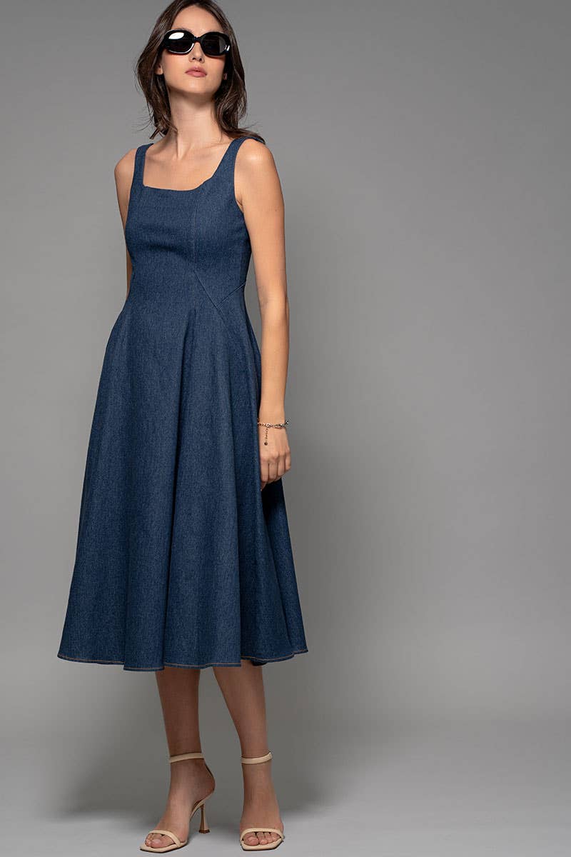 Square Neck Denim A-Line Midi Dress