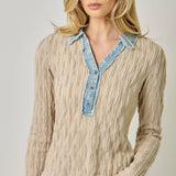 61698 Denim Mix Textured Knit Henley Top