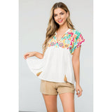 Embroidered Babydoll Tassel Tie Top