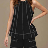 Casual Summer Contrast Stitch Tank Top And Shorts Set