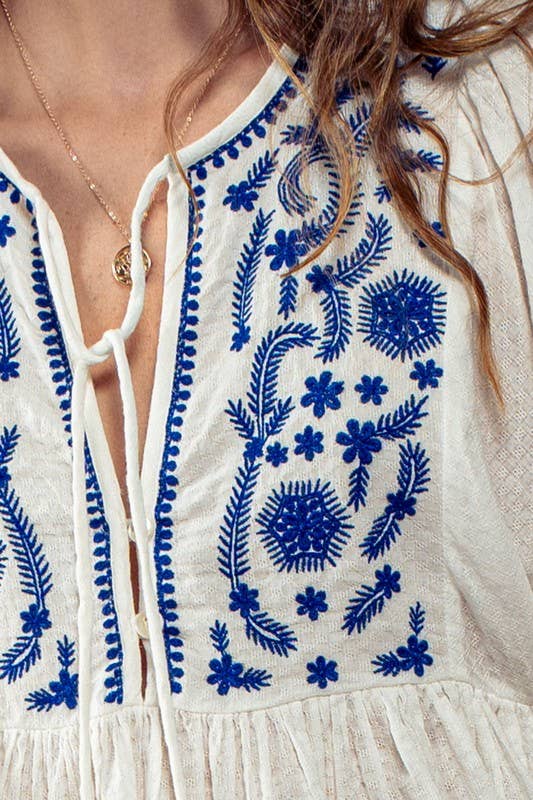 Blue & White Tassel Ruffled Blouse