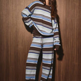 CREW NECK MULTI STRIPE SWEATER WITH WIDE LEG PANTS