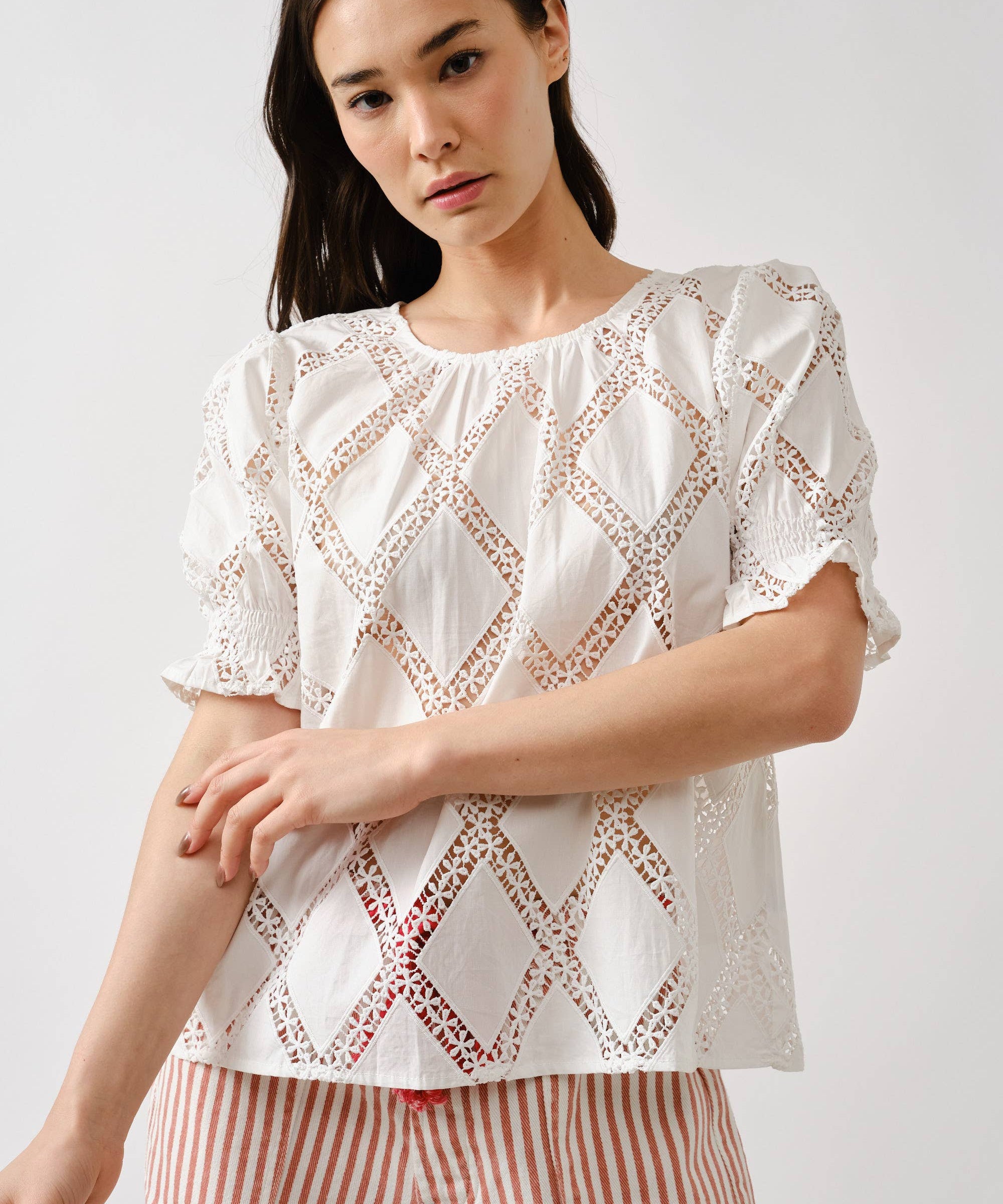 Lace Embroidered Short Sleeve Blouse