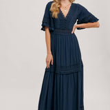V-Neck Lace Trim Maxi Dress
