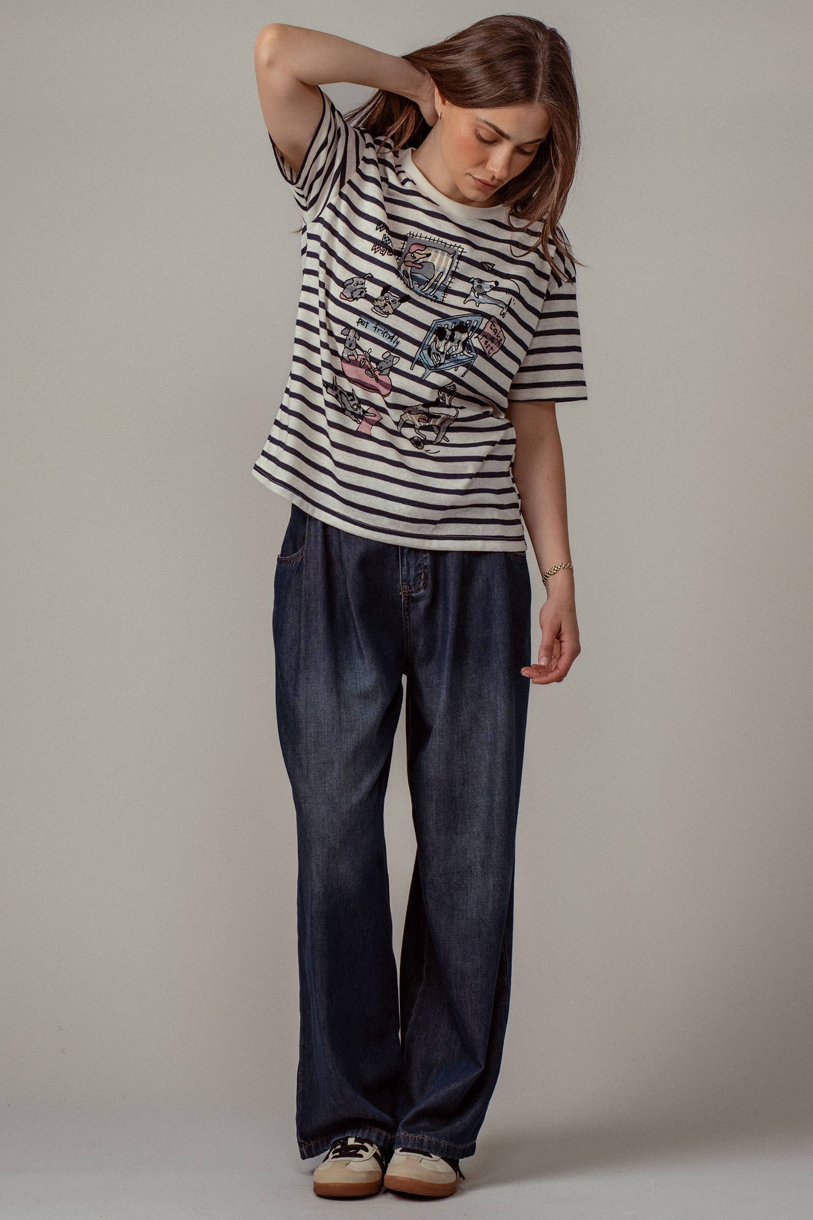 Pleated Wide-Leg Denim Pants