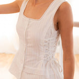Lace-Trim Button-Front Peplum Top - RT1270